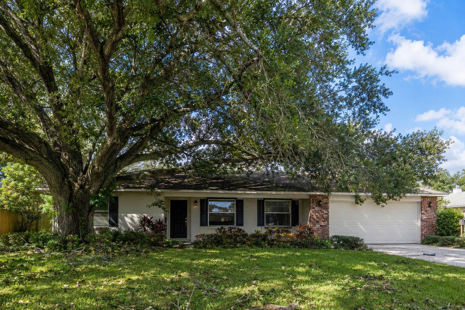 Before photo of the residence showing overgrown landscaping and trees